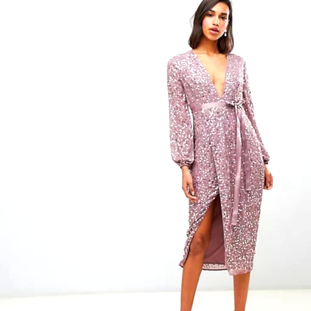 ASOS DESIGN midi dress in allover scatter sequin with ribbon tie waist